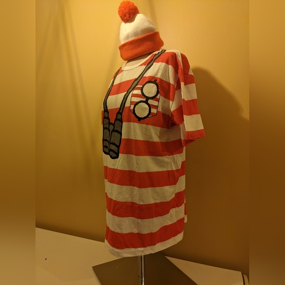Where's Waldo t- shirt and red and white knit beanie hat with pompom costume - Picture 2 of 6